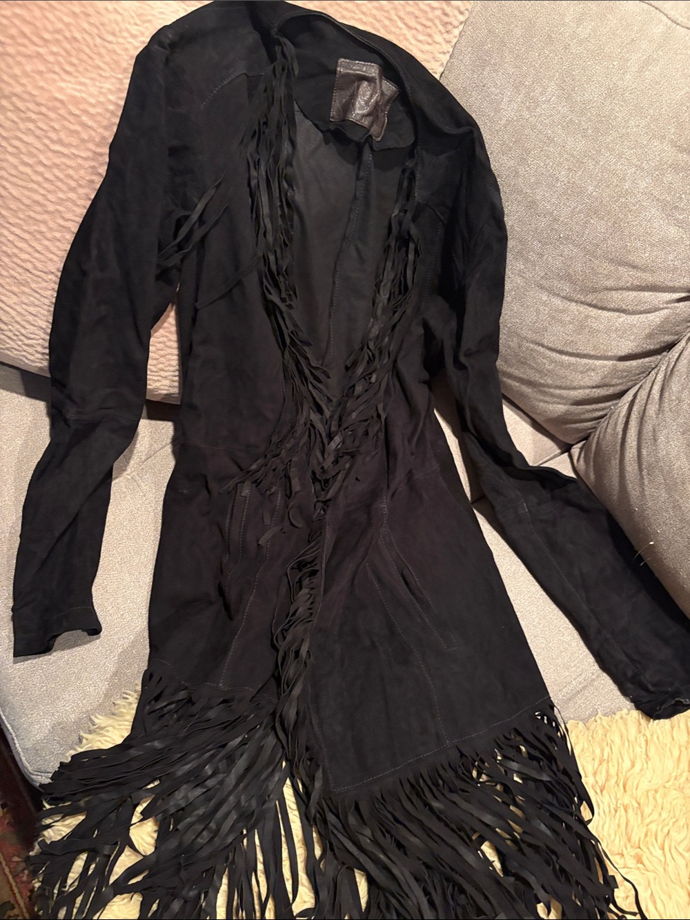 Black Fringe Open-Front Leather Jacket for Women